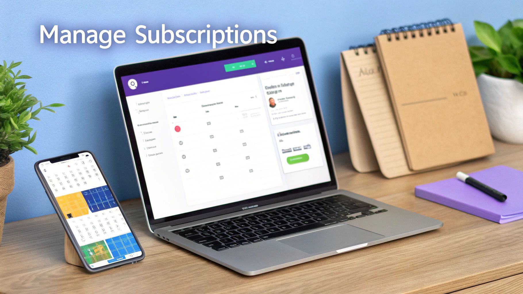A laptop and a smartphone display subscription management interfaces on a wooden desk.