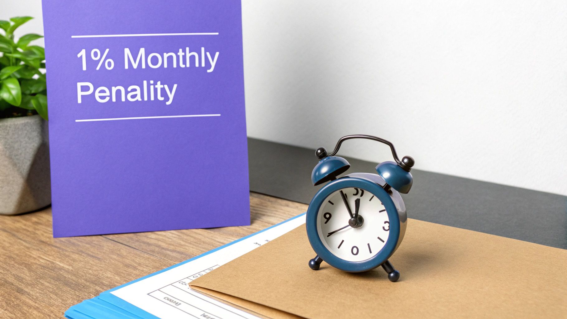A purple sign reading "1% Monthly Penalty" next to a small blue alarm clock and documents.