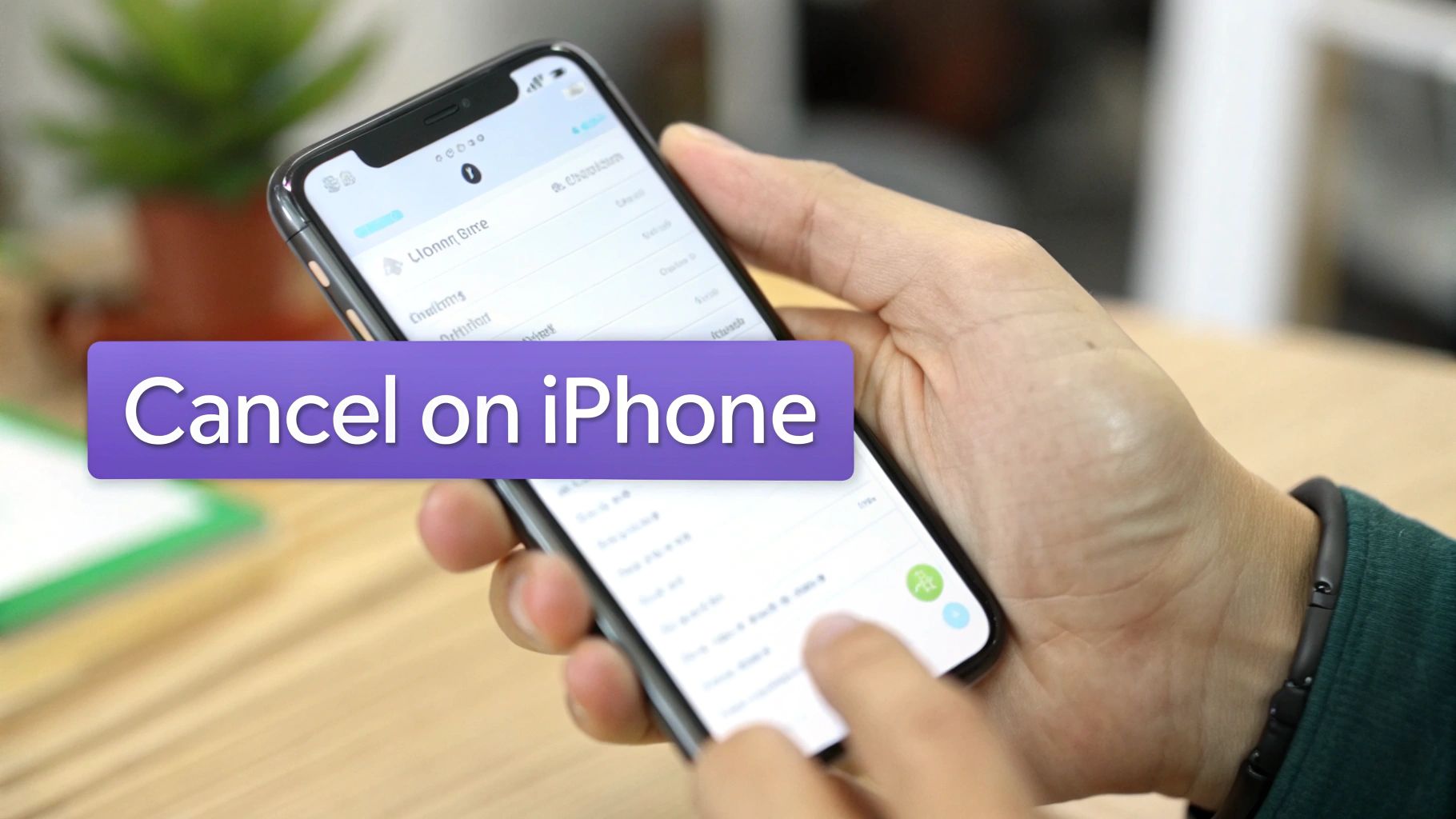 A person's hands operating an iPhone displaying 'Cancel on iPhone' on its screen.