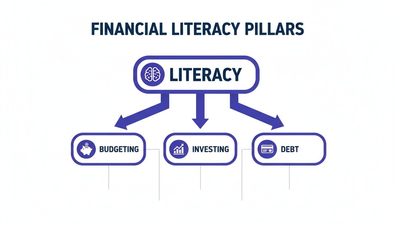 A diagram titled 'FINANCIAL LITERACY PILLARS' shows Literacy leading to Budgeting, Investing, and Debt.