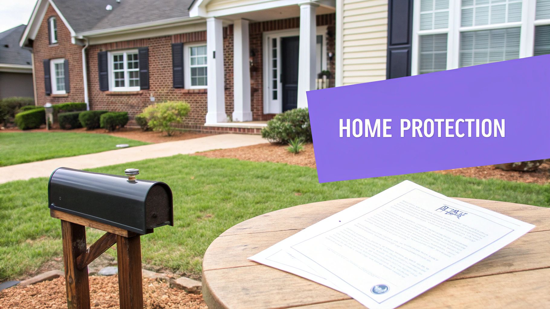 A suburban house with a mailbox and a document on a table, featuring a 'HOME PROTECTION' banner.