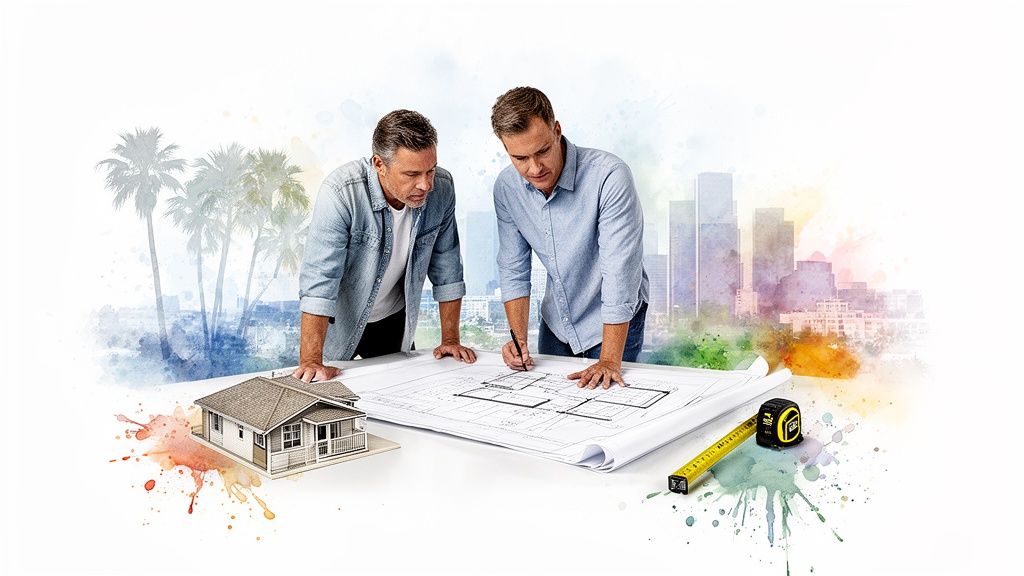 Two construction contractors reviewing house blueprints on a table with a model home and city background.