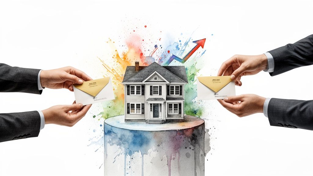 Hands exchanging envelopes over a house with watercolor splatters and an upward arrow, symbolizing a housing market transaction or growth.
