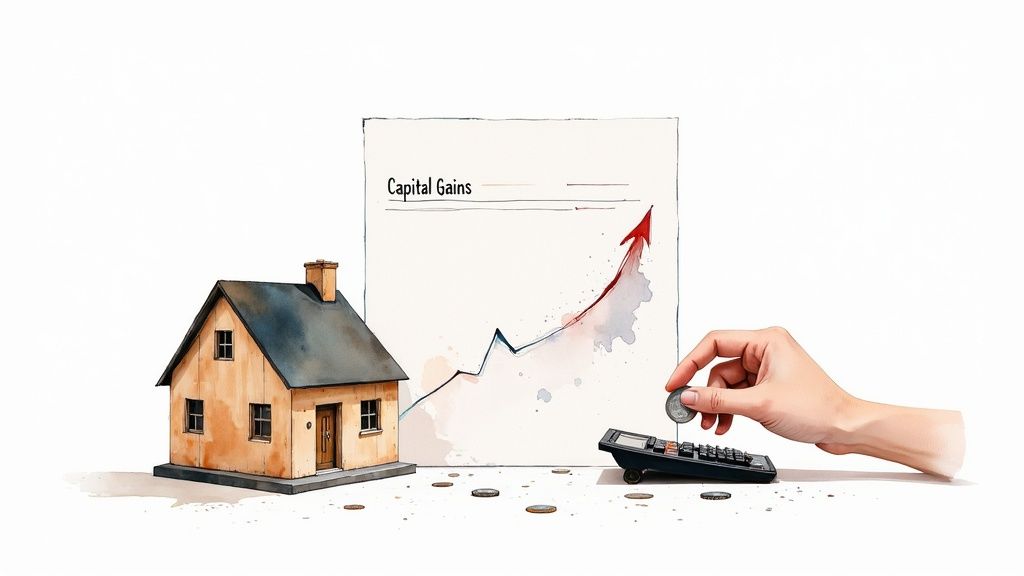 A house, a 'Capital Gains' document with an upward graph, and a hand calculating finances with a coin on a calculator.