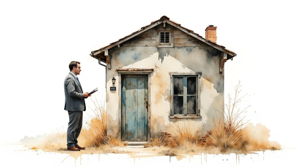 Real estate investor in suit examining old weathered house with tablet for investment opportunities