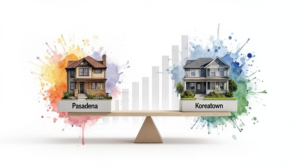 Two houses, Pasadena and Koreatown, on a balance scale with a rising bar graph indicating market trends.