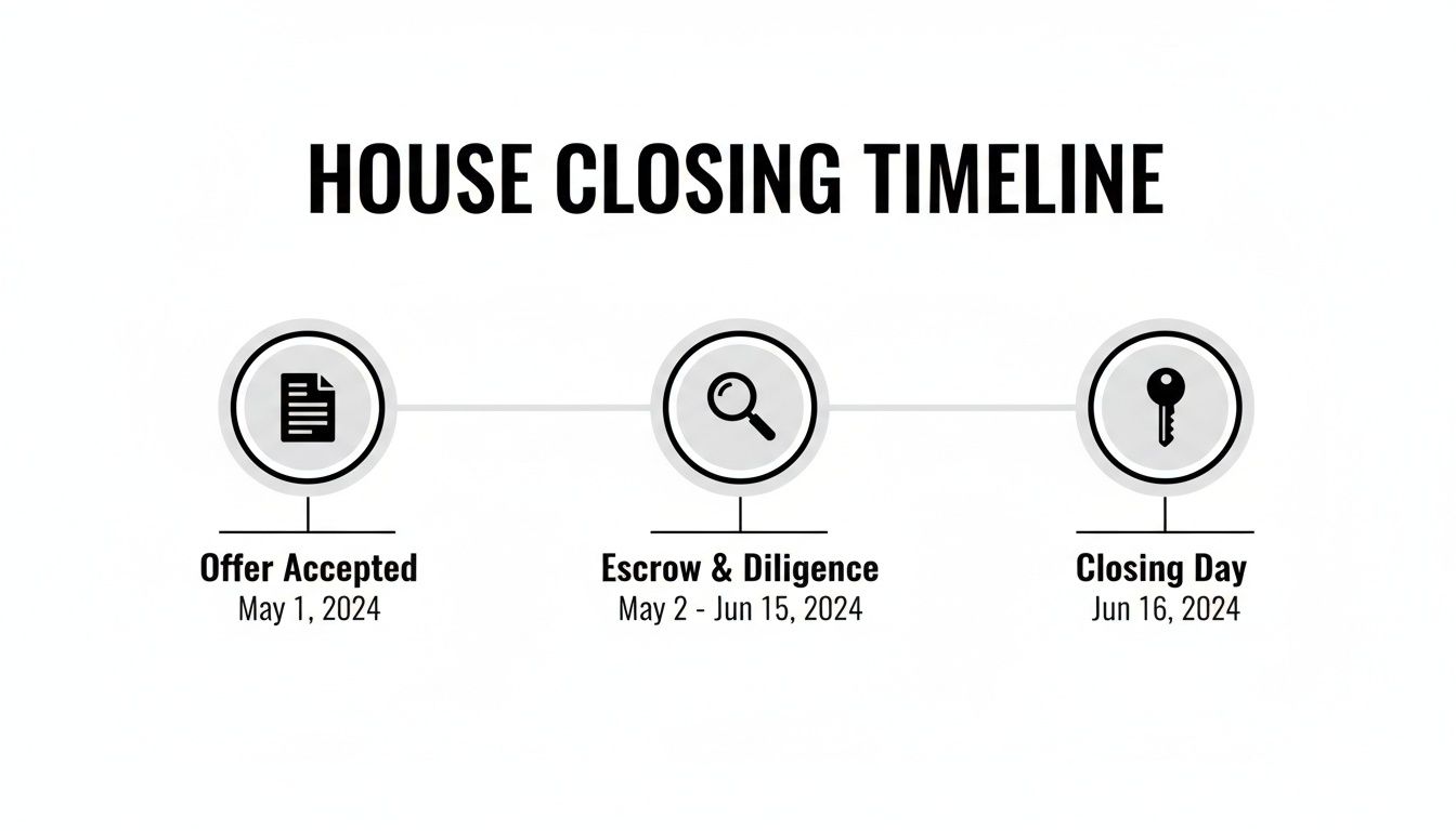 A house closing timeline infographic illustrating key stages: offer accepted, escrow, diligence, and closing day with dates.