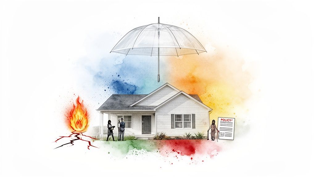 Watercolor illustration of a house under an umbrella, symbolizing home insurance protection against risks like fire and cracks.