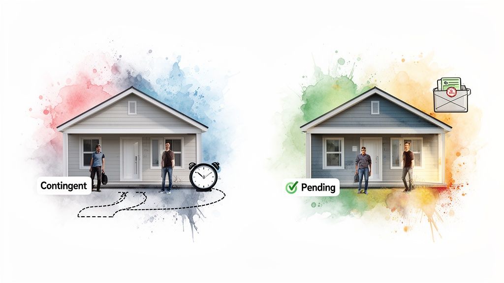 Image comparing contingent (uncertain, with a clock) and pending (finalized, with an offer) real estate home sales.