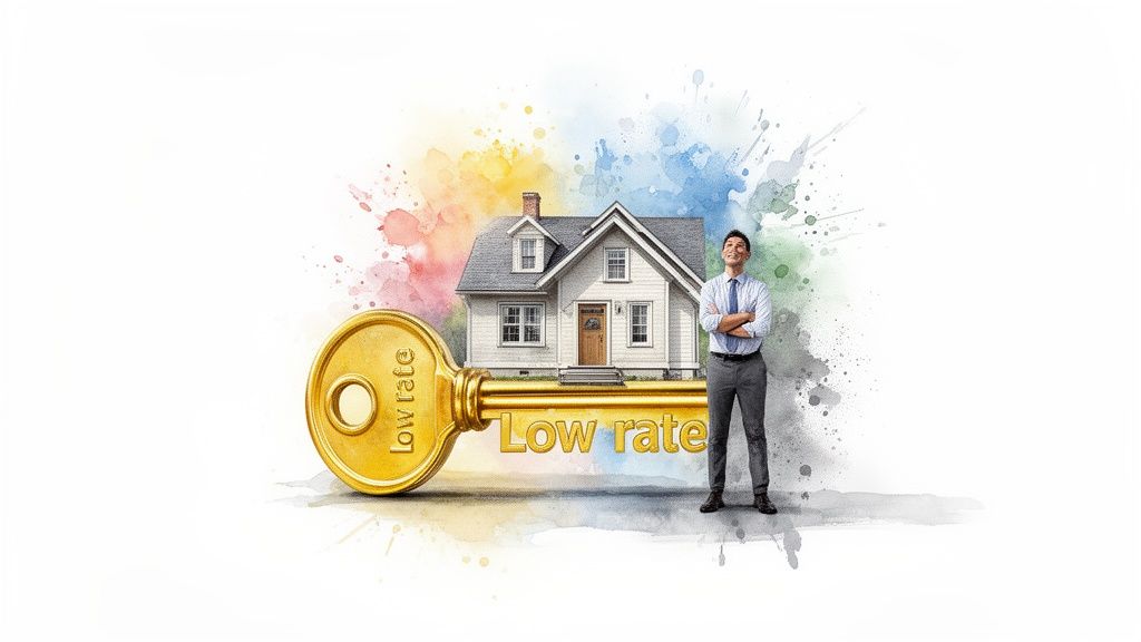 A smiling man stands beside a house with a large golden key featuring 'Low rate' text.