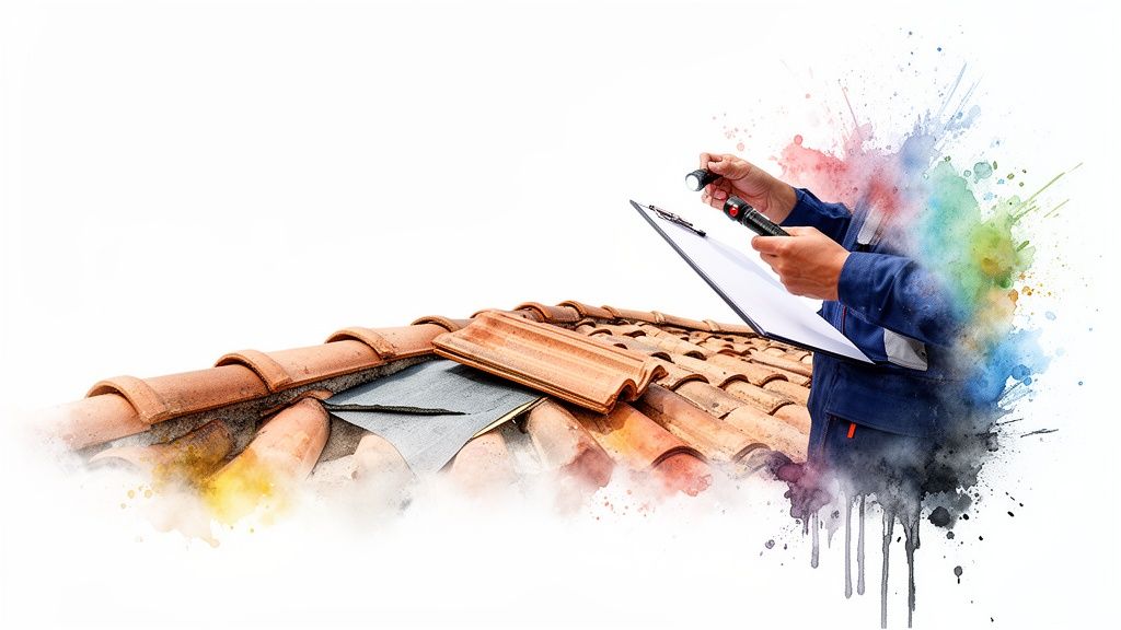 A professional inspecting a tiled roof with a flashlight and clipboard, with a watercolor effect.