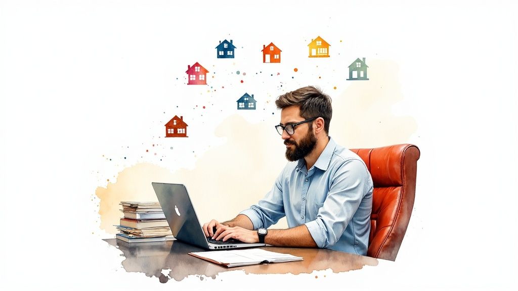 A person examining documents and data on a tablet, representing the search for distressed property leads in public records.