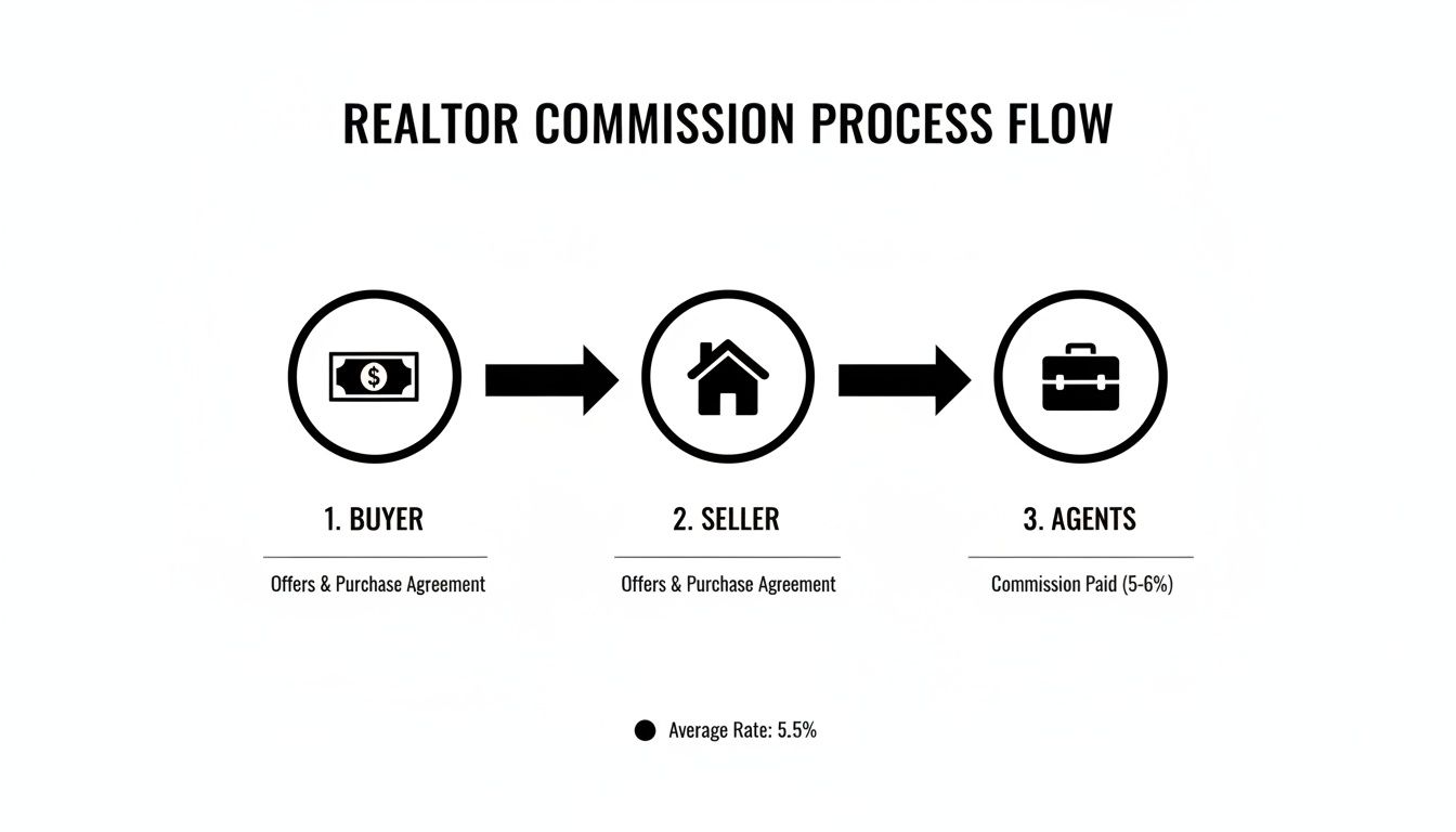Flowchart illustrating the realtor commission process, showing buyer, seller, and agents receiving commission.
