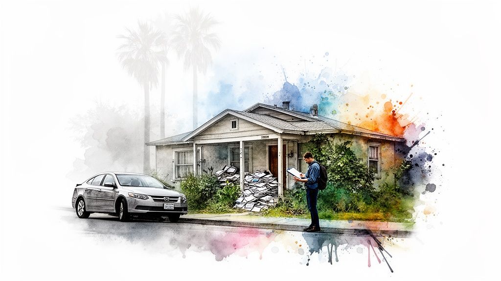 Man reviews documents outside an older house with a car, rendered in a vibrant watercolor style.