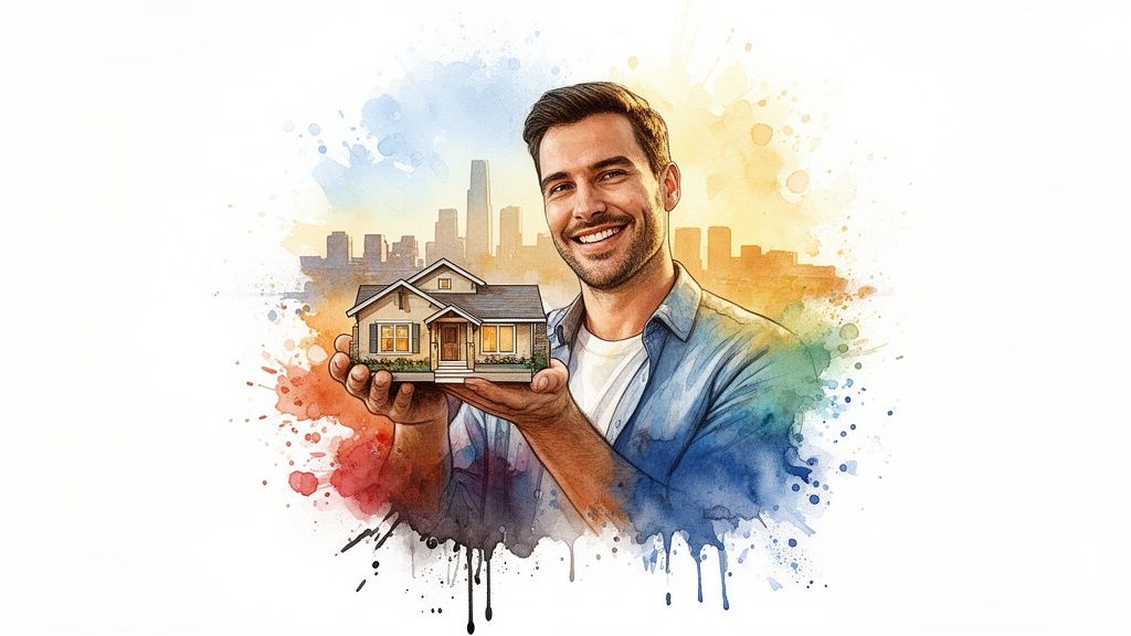 A smiling man, rendered in watercolor, happily presents a miniature house with a city skyline behind him.