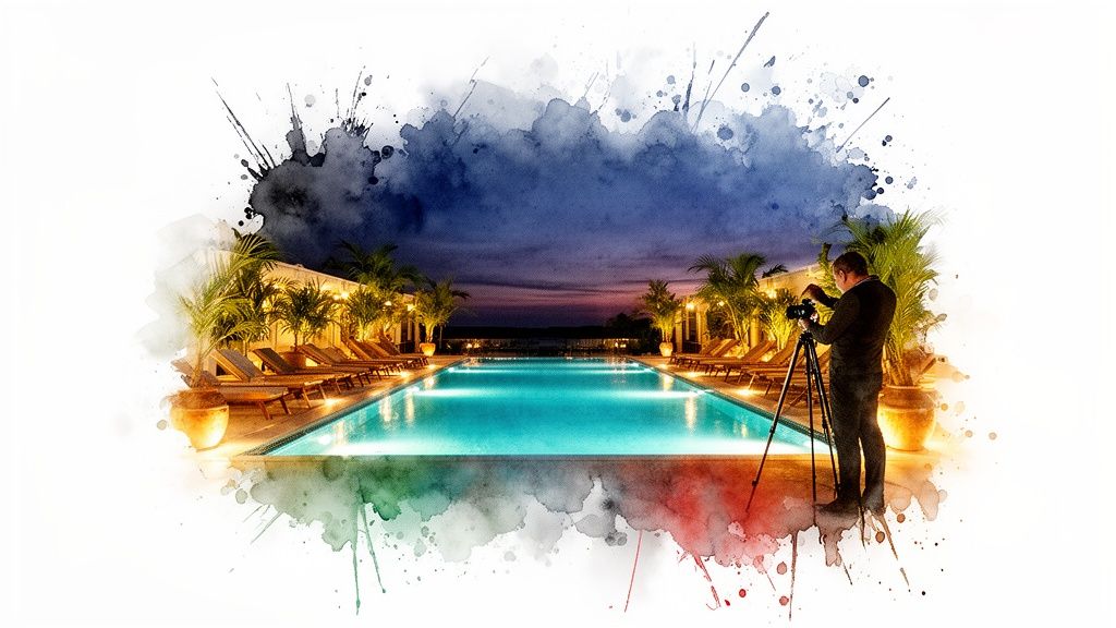 A photographer captures an illuminated swimming pool surrounded by lounge chairs and palm trees at dusk.