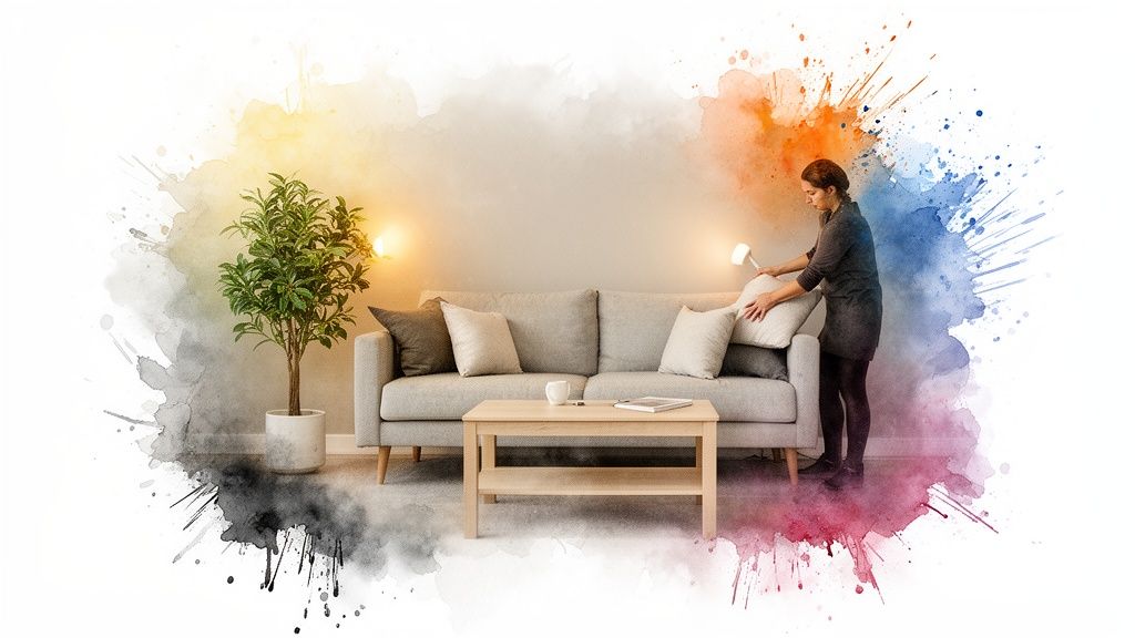 A woman adjusts a pillow on a grey sofa in a modern living room with watercolor splashes.