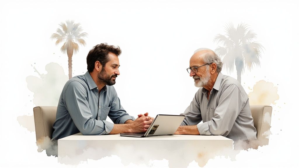 Two men, one younger and one older, discuss information on a laptop at a white table.