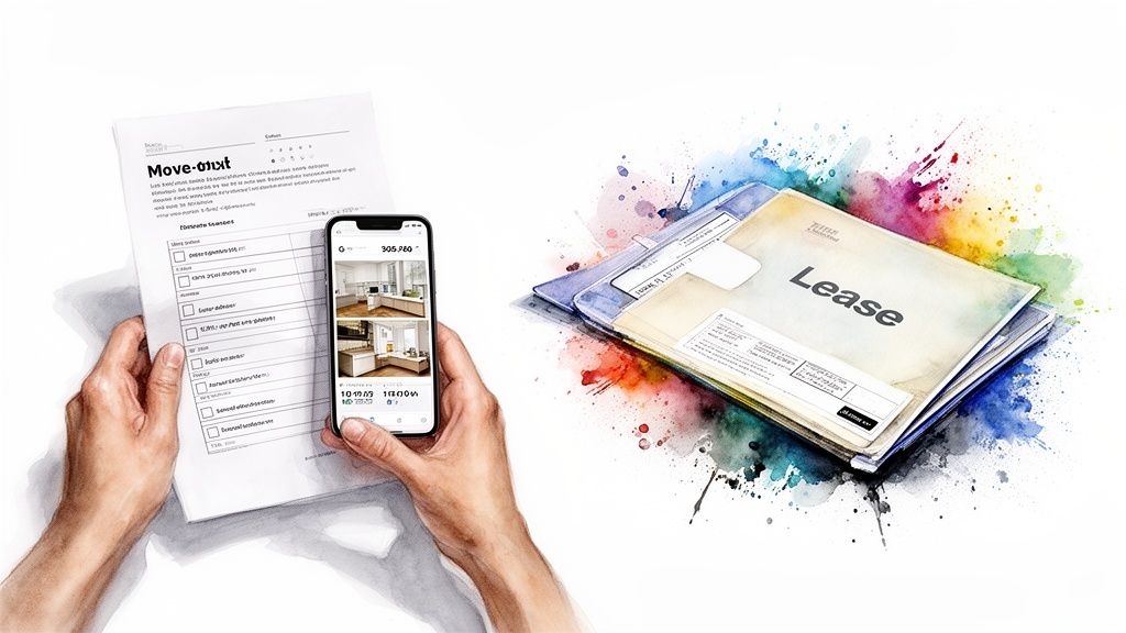 Hands with a move-in checklist and smartphone showing kitchen pictures, near lease papers.