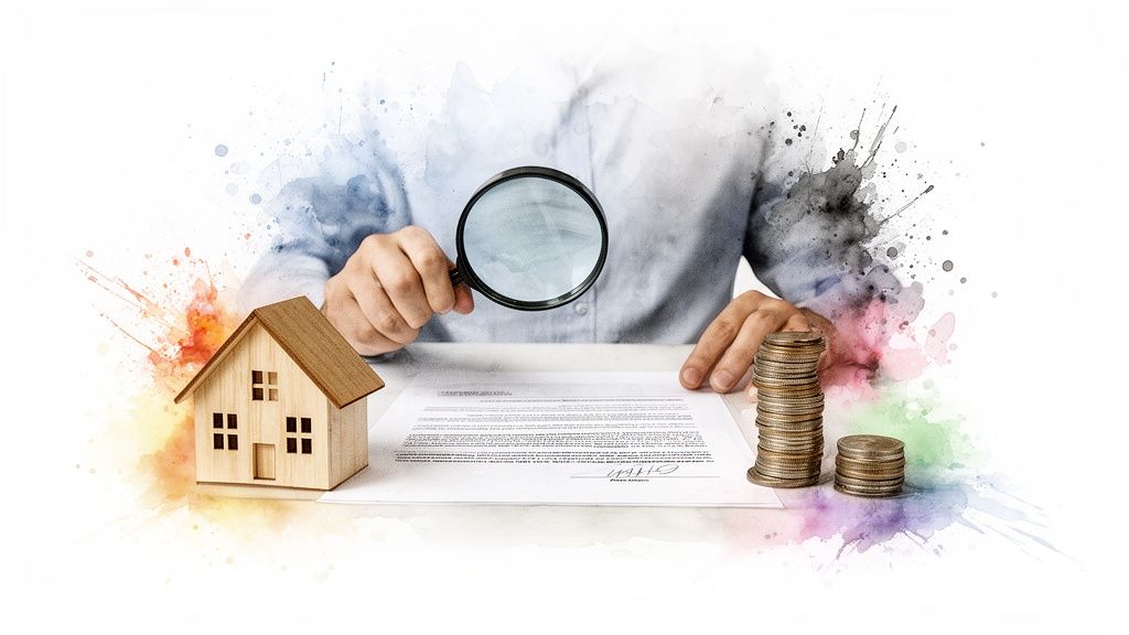 Person examining a real estate contract with a magnifying glass, next to a house model and money.