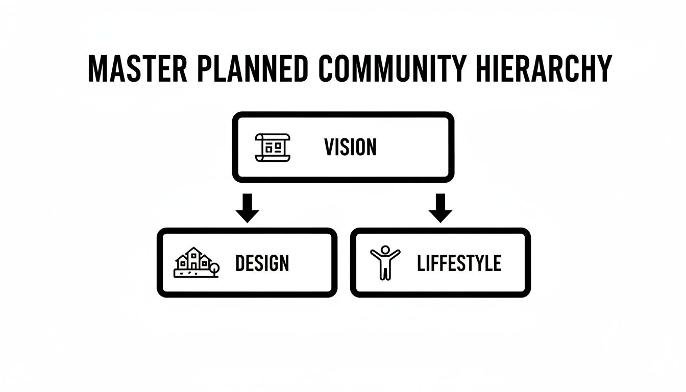 A hierarchical diagram showing a master planned community starts with Vision, then branches into Design and Lifestyle.