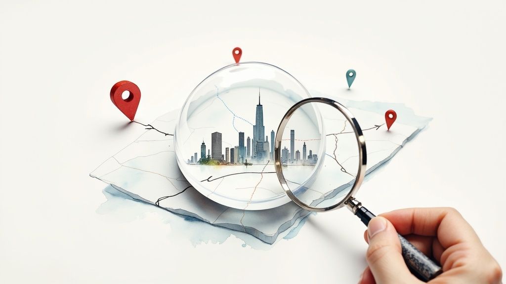 A hand uses a magnifying glass to examine a city skyline within a glass dome on a map with location pins.