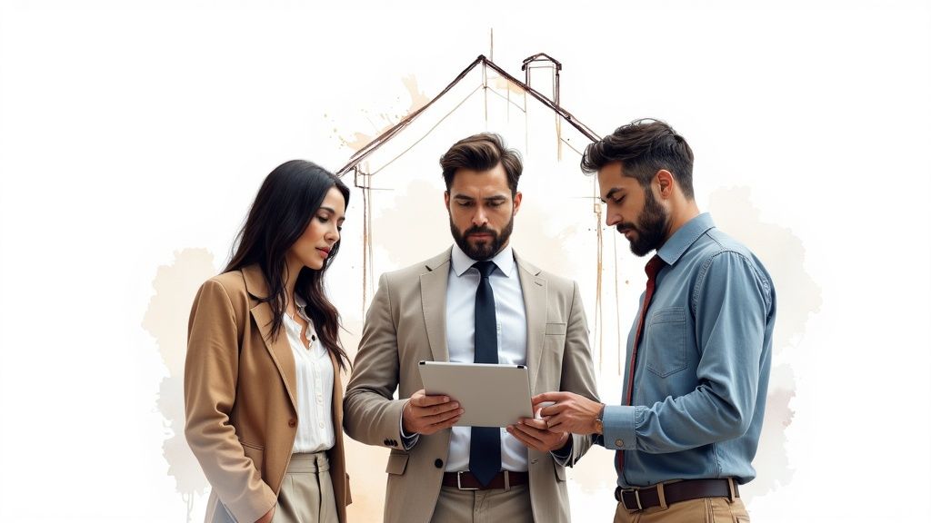 A group of people looking at a blueprint, asking questions about a property purchase.