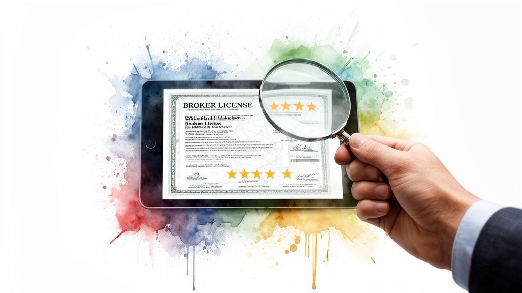 A hand holds a magnifying glass over a tablet displaying a broker license with ratings.