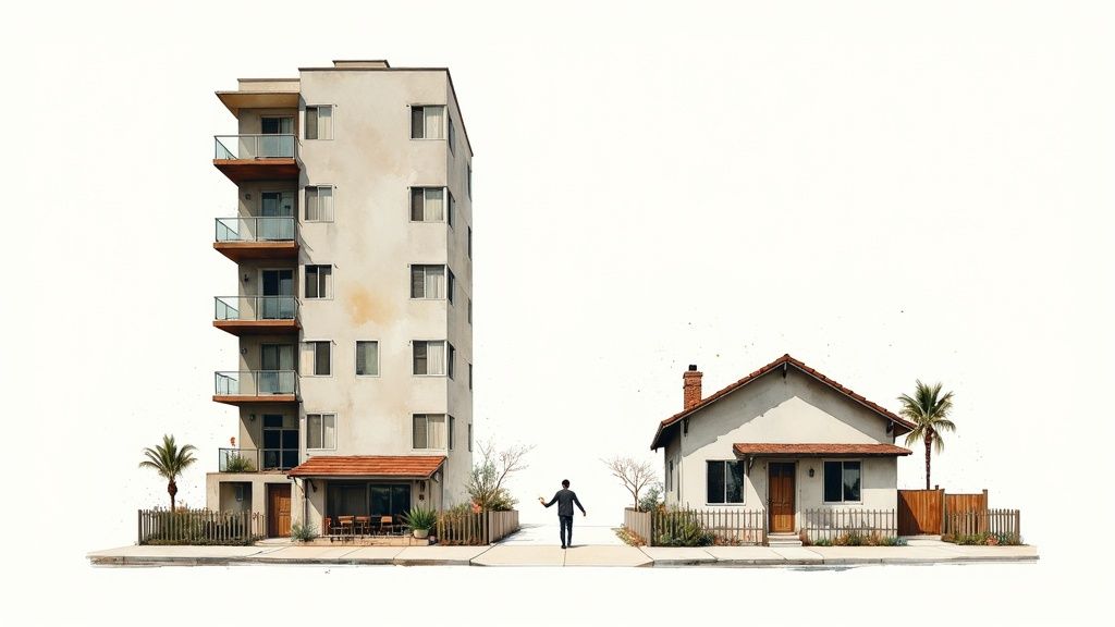 A person stands between a tall apartment building and a small single-family house, contrasting urban and suburban living.