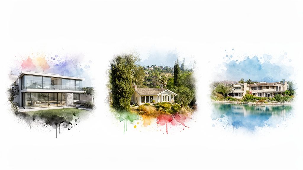 Three distinct homes, including a modern house and lakeside mansion, with artistic watercolor splashes.