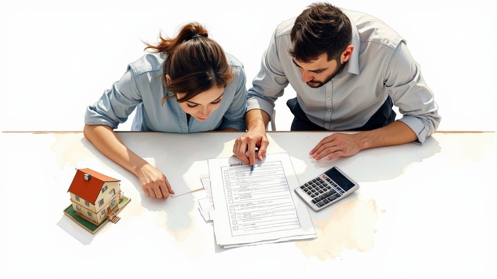 Young couple reviewing house bidding documents with calculator and model home on table