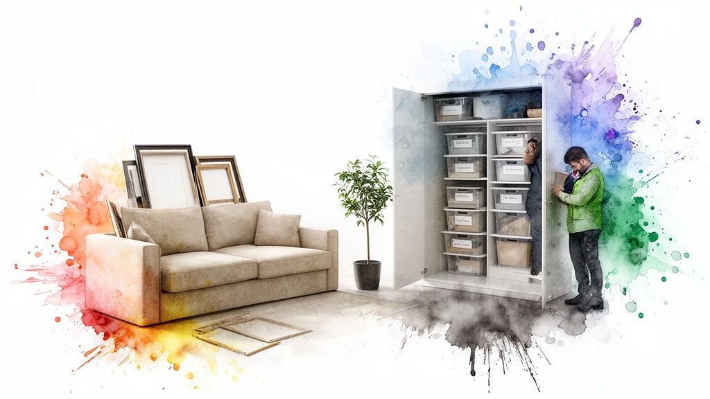 Home organization scene with a man decluttering a closet, a sofa, and plant, accented by vibrant paint splashes.