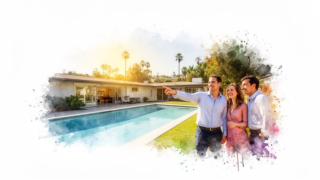 Three happy people viewing a stylish house with a large swimming pool and sunny backyard.
