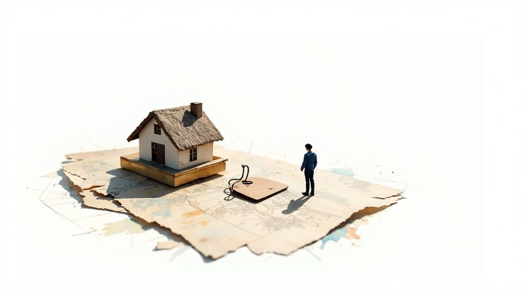 A miniature house with a thatched roof on a tattered map, a person and a key nearby.