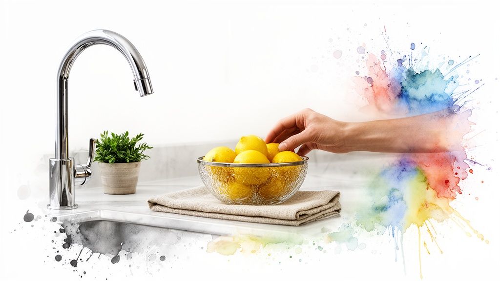 A hand reaches for a lemon in a glass bowl, next to a modern kitchen faucet and artistic paint splashes.
