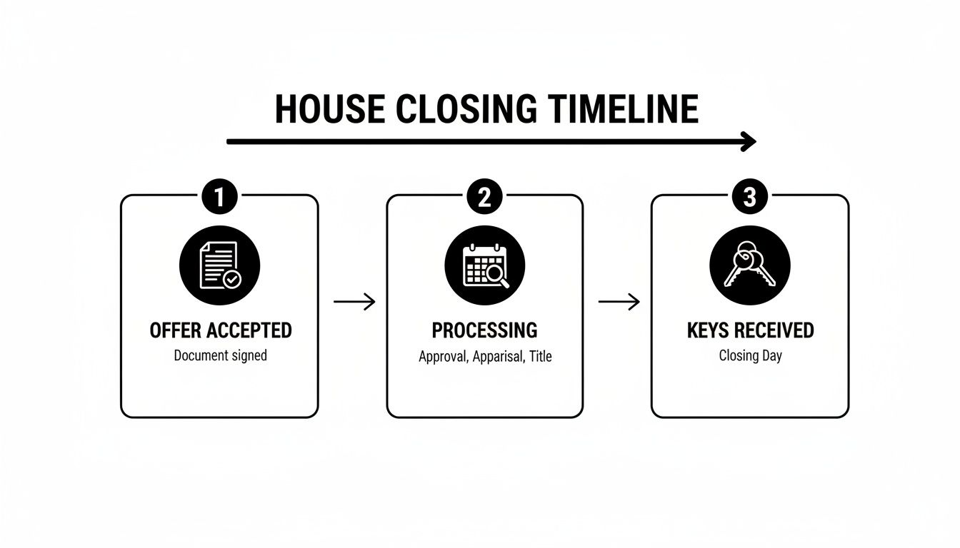 A house closing timeline graphic illustrates three key steps: offer accepted, processing, and keys received.