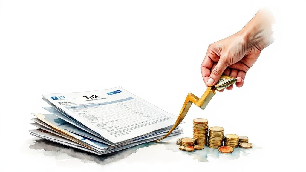 A hand holds a golden zigzag graph over coins and tax documents, symbolizing financial growth.