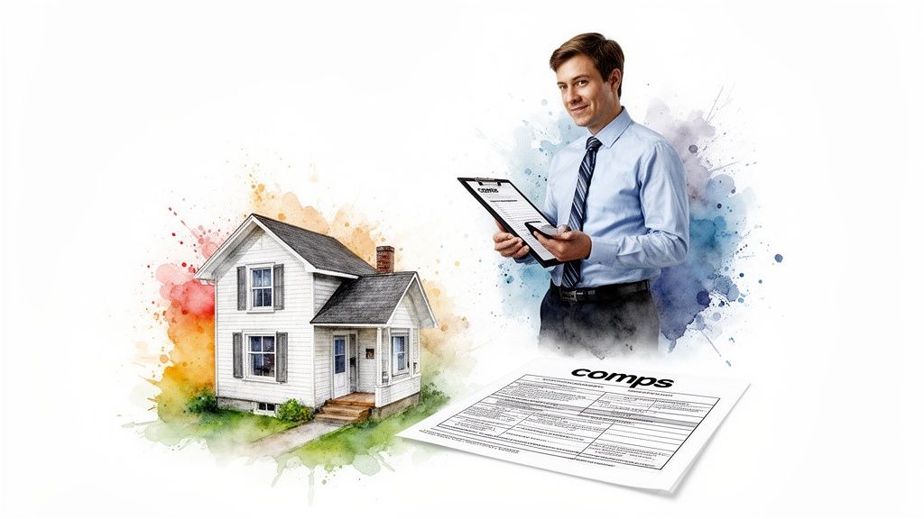 Real estate appraiser holding a clipboard and document, next to a home illustration, representing property valuation.