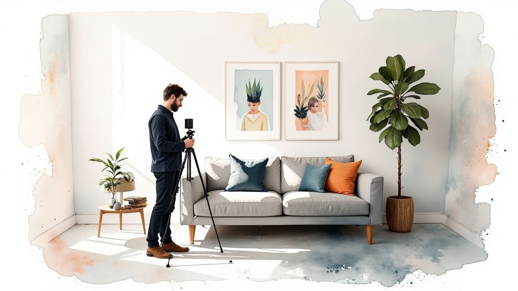 A bright and airy living room, perfectly staged for a virtual tour photoshoot with a 360 camera on a tripod in the center.