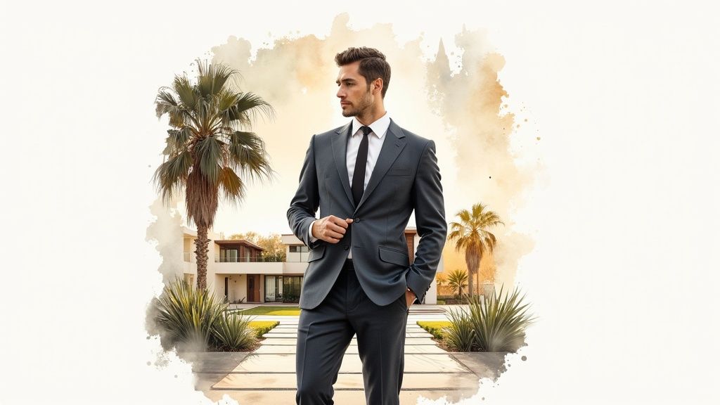A stylish man in a suit stands confidently in front of a modern luxury house with palm trees.