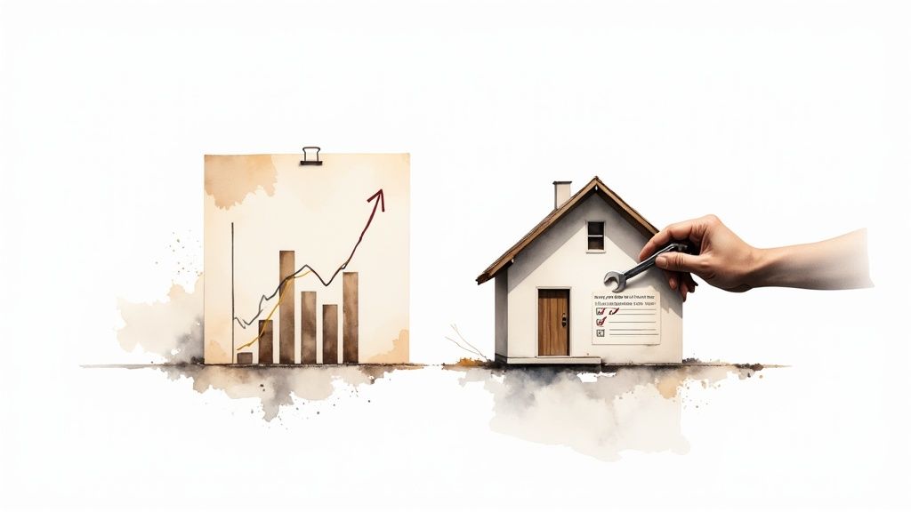 Watercolor image showing an upward trending bar chart next to a house with a hand holding a wrench.