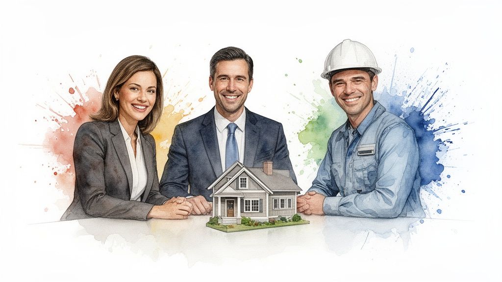 Three smiling professionals, a real estate agent, businessman, and construction worker, with a model house.