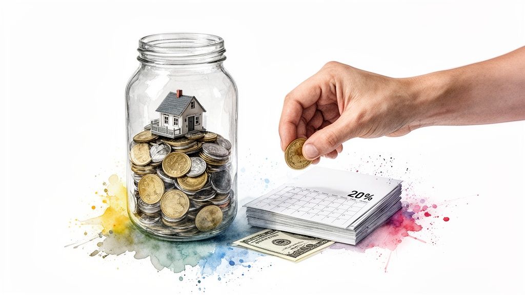 A hand drops a coin onto calendar pages, next to a jar with coins and a small house model, symbolizing home savings.
