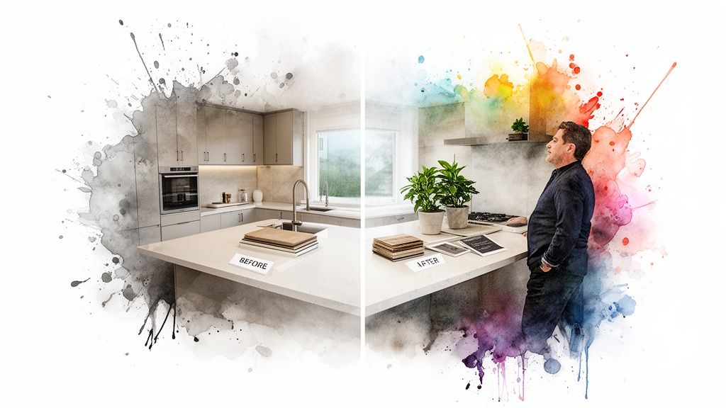 A split image shows a kitchen design transformation, from a grayscale 'before' to a vibrant 'after' with a man.