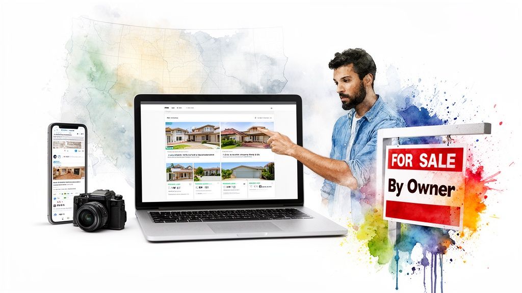 Man pointing at laptop displaying real estate listings, with a 'FOR SALE By Owner' sign.