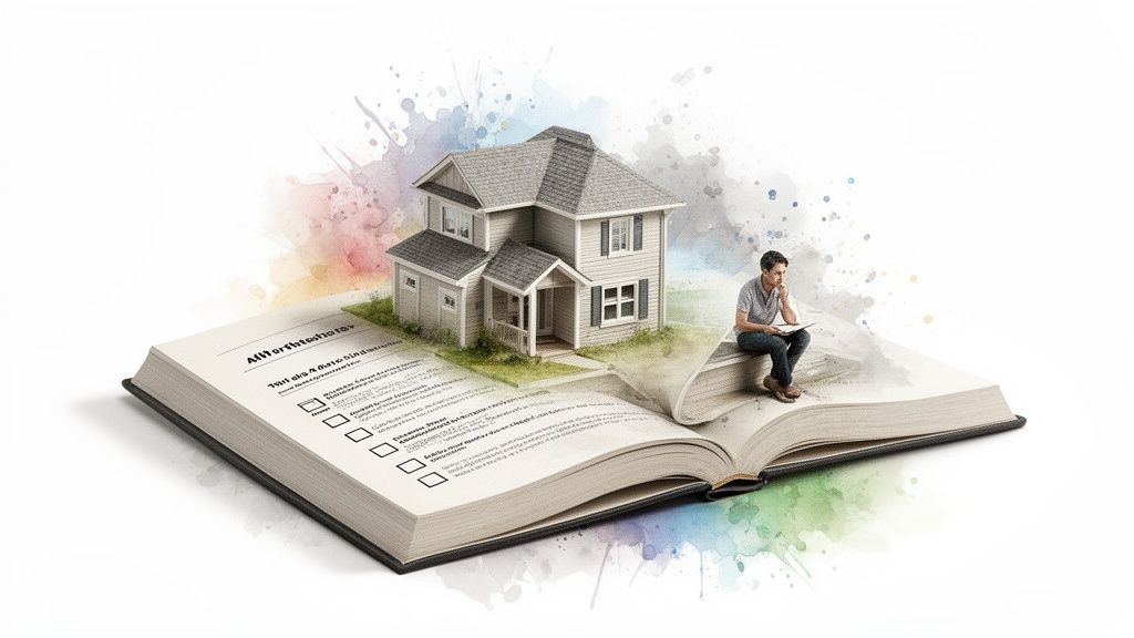 A man studies a checklist on a large book with a house, representing property planning.