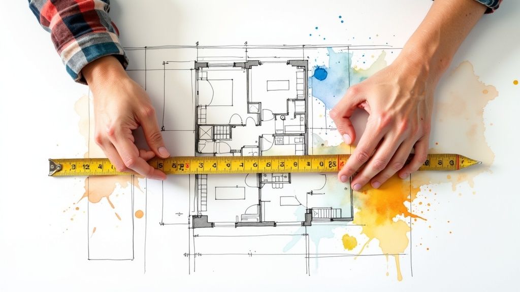 A close-up of a blueprint with a tape measure lying on top of it.