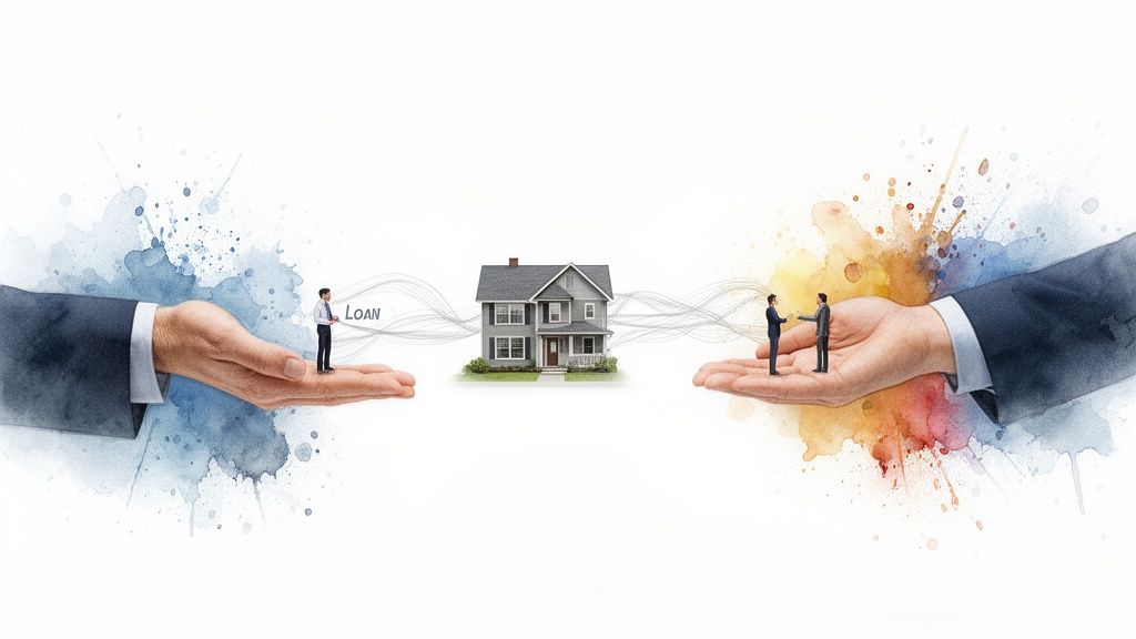 Conceptual image showing a house between two large hands, one with a 'LOAN' sign and another with a handshake.