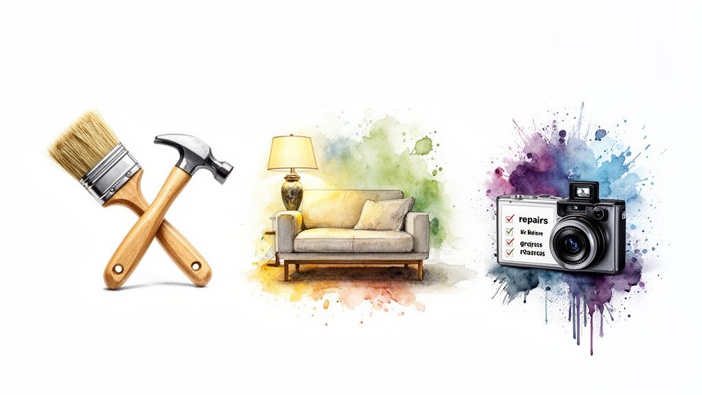 A paint brush, hammer, sofa with a lamp, and camera with a checklist for home preparation.