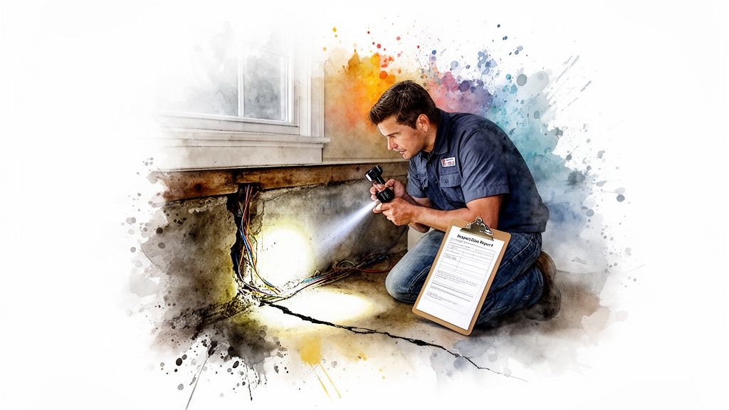 A man inspects exposed wires and a cracked foundation with a flashlight and clipboard.